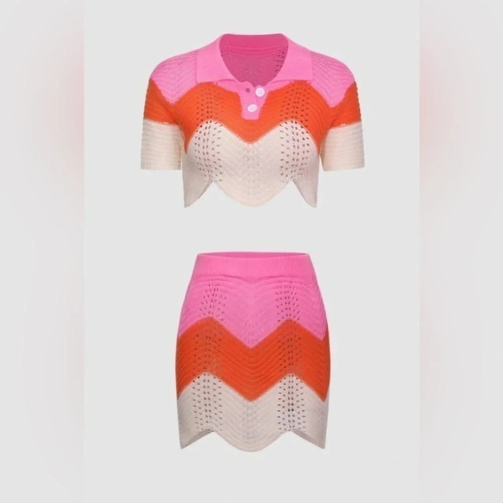 NEW Gradient Wave Hollow Cropped Sweater and Mini Skirt Pink Orange Cream Small